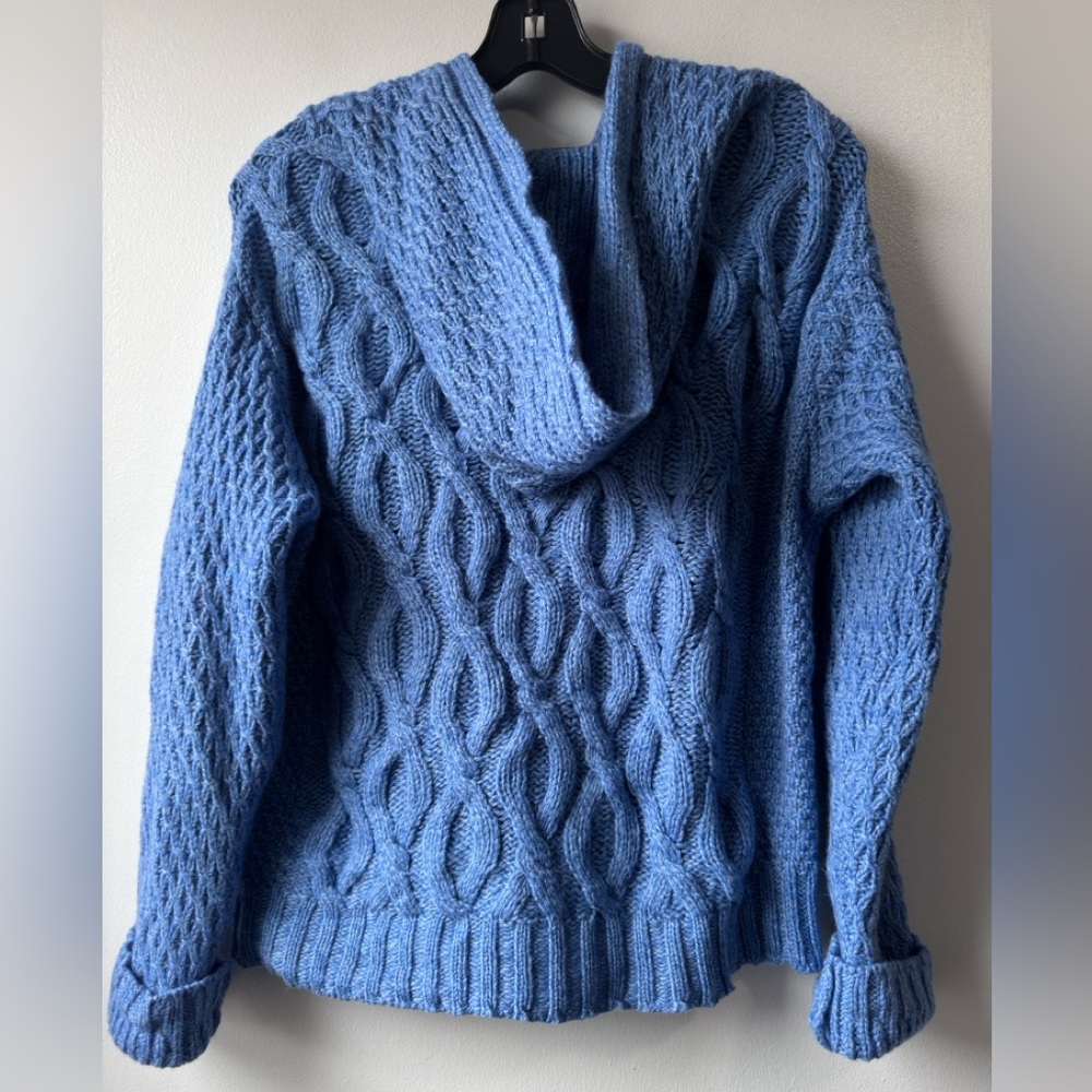 Aran Women’s Wool Cable Knit Hoodie Light Blue Cable-Knit Zip Sweater - Picture 5 of 15